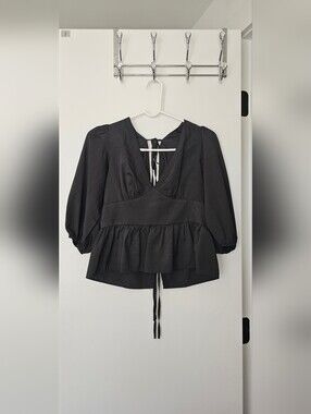 Nasty Gal Black Peplum V-Neck Tie-Back Blouse